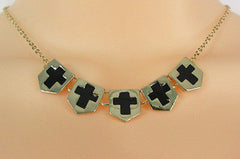 New Women Gold Metal Chain Fashion Necklace Five Mini Black Crosses Long Pendant - alwaystyle4you - 3
