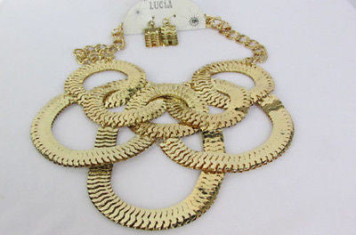 Gold Metal Thin Links Multi Strands Necklace Earrings Set New Women Fashion Accessories