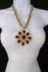 Long Gold Chains Necklace Big D. Red Flower Pendant + Earrings Set New Women Fashion - alwaystyle4you - 2