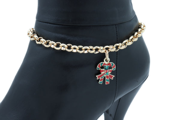New Women Gold Metal Boot Chain Bracelet Christmas Shoe Candy Cane Charm Jewelry Adjustable Size Band