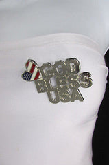 N. Women American Flag GOD BLESS USA Silver Metal Pin Broach Silver 4th of July - alwaystyle4you - 2