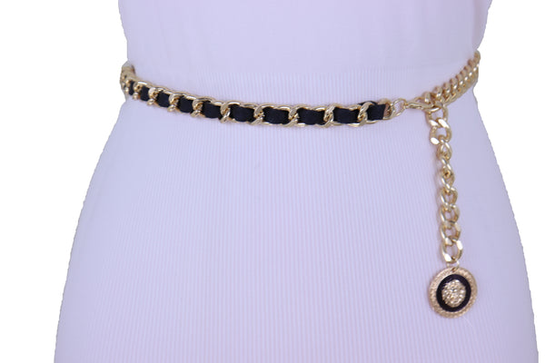 Women Fashion Gold Metal Chain Links Black Sexy Belt Lion Medallion Charm Fit Sizes XS S M