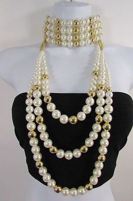 Gold Metal Multi Pearl Beads 3 Strands Chains Choker Necklace New Women Fashion - alwaystyle4you - 12