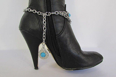 Turqoise Blue Beads Silver Metal Boot Chain Bracelet One Strap New Women Fashion Western - alwaystyle4you - 12