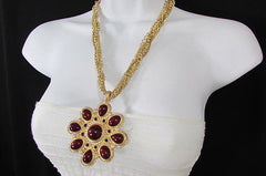 Long Gold Chains Necklace Big D. Red Flower Pendant + Earrings Set New Women Fashion - alwaystyle4you - 3