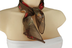 Brown Dark Brown Green Mini Fabric Neck Scarf Tie Necklace Pocket Square Flowers