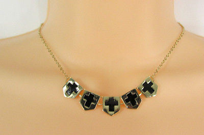 New Women Gold Metal Chain Fashion Necklace Five Mini Black Crosses Long Pendant - alwaystyle4you - 6