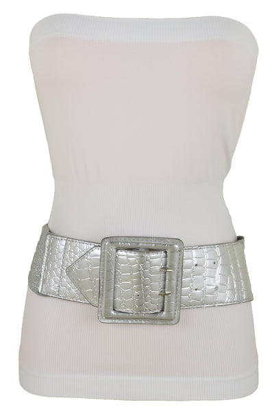 Brand New Women Hip Waist Silver Faux Leather Wide Elastic Belt Big Square Buckle M L XL