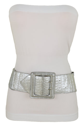 Brand New Women Hip Waist Silver Faux Leather Wide Elastic Belt Big Square Buckle M L XL