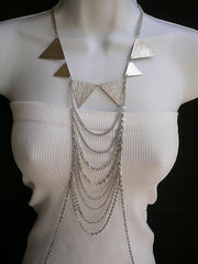 New Women Silver Body Jewerly Multi Chains Crew Neck Spikes Shape Long Necklace - alwaystyle4you - 2