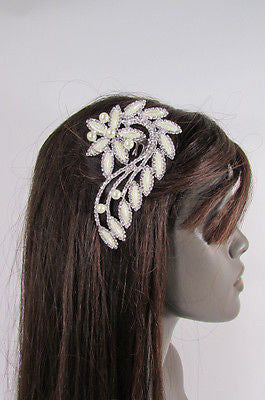 Women Silver Metal Head Jewelry Rhinestones Long Leaf 1 Side Hair Pin Flower - alwaystyle4you - 3