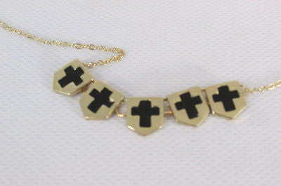 New Women Gold Metal Chain Fashion Necklace Five Mini Black Crosses Long Pendant - alwaystyle4you - 9