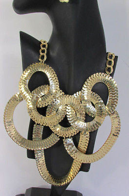 Gold Metal Thin Links Multi Strands Necklace + Earrings Set New Women Fashion - alwaystyle4you - 10