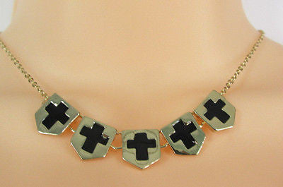 New Women Gold Metal Chain Fashion Necklace Five Mini Black Crosses Long Pendant - alwaystyle4you - 8