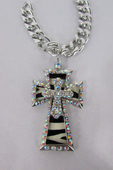 New Women Silver Metal Plate Scarf Necklace Pendant Charm Big Cross Rhinestones - alwaystyle4you - 2