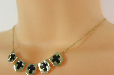 New Women Gold Metal Chain Fashion Necklace Five Mini Black Crosses Long Pendant - alwaystyle4you - 10