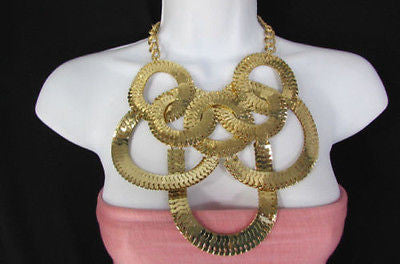 Gold Metal Thin Links Multi Strands Necklace + Earrings Set New Women Fashion - alwaystyle4you - 1