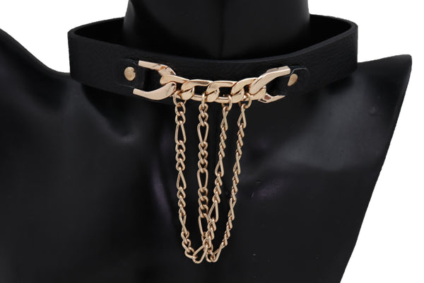 Brand New Women Fashion Gold Metal Chain Links Pendant Black Strap Choker Necklace Jewelry