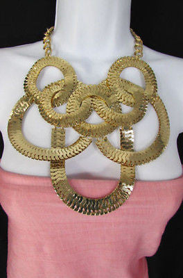Gold Metal Thin Links Multi Strands Necklace + Earrings Set New Women Fashion - alwaystyle4you - 3