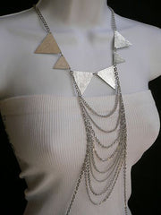 Women Silver Body Jewerly Multi Chains Crew Neck Spikes Shape Long Necklace - alwaystyle4you - 1