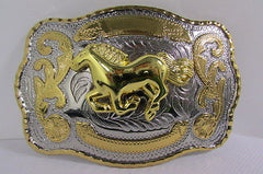 New Belt Buckle 5.5"/4" Big Gold Rodeo Horse Large Silver Metal Western Rodeo Fashion Belt Buckle 3D Texas - alwaystyle4you - 1