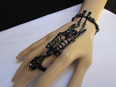 Hot Women Black Skeleton Hand Ring Chain Slave Long Bracelet Skull Fashion - alwaystyle4you - 11