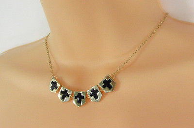 New Women Gold Metal Chain Fashion Necklace Five Mini Black Crosses Long Pendant - alwaystyle4you - 1