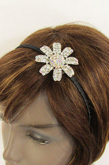 New Women Classic Fashion Headband Large Flower Silver Rhinestones Hair Band - alwaystyle4you - 1