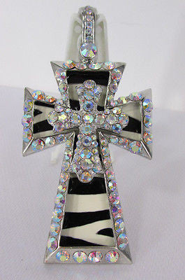 Women Silver Metal Plate Scarf Necklace Pendant Charm Big Cross Rhinestones - alwaystyle4you - 1
