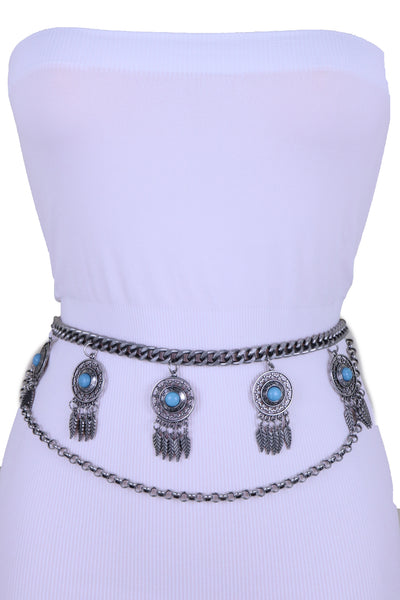Women Antique Silver Metal Chain Western Belt Feather Turquoise Charms Fits Sizes XS S M