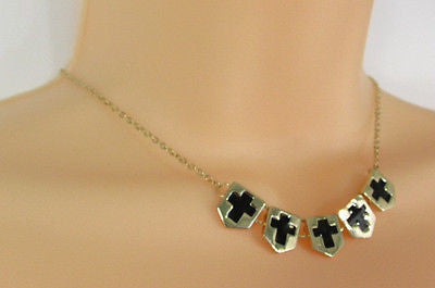 New Women Gold Metal Chain Fashion Necklace Five Mini Black Crosses Long Pendant - alwaystyle4you - 12