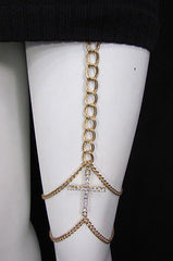 Women Gold Thigh Leg Metal Chain Links Garter Big Cross Fashion Body Jewelry - alwaystyle4you - 10
