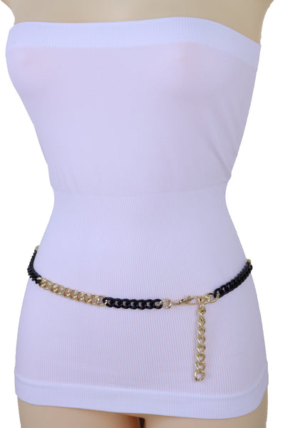 Brand New Women Belt Hip High Waist Gold Black Metal Chain Links Skinny Waistband XS S M