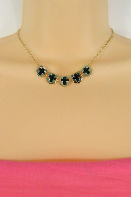New Women Gold Metal Chain Fashion Necklace Five Mini Black Crosses Long Pendant - alwaystyle4you - 4