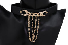 Women Gold Metal Chain Links Pendant Black Strap Choker Necklace