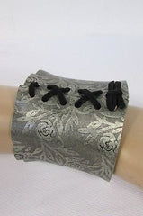 Women Silver Flowers Stamp Metal Corset Bracelet Fashion Jewelry Black Tie - alwaystyle4you - 1