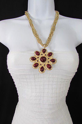 Long Gold Chains Necklace Big D. Red Flower Pendant + Earrings Set Women Fashion - alwaystyle4you - 11