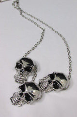 Long Metal Chains Fashion Necklace 3 Big Silver Black Skulls Pendant New Men Style Accessories - alwaystyle4you - 3