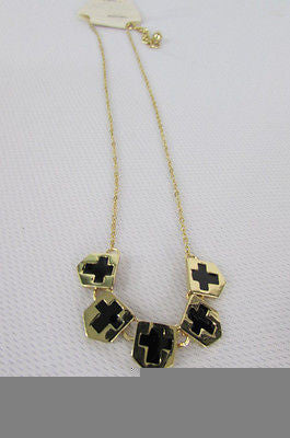 New Women Gold Metal Chain Fashion Necklace Five Mini Black Crosses Long Pendant - alwaystyle4you - 7