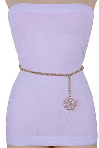 Brand New Women Fashion Belt Gold Metal Chain Links Waistband Flower Bling Charm M L XL