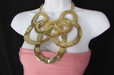 Gold Metal Thin Links Multi Strands Necklace + Earrings Set New Women Fashion - alwaystyle4you - 9