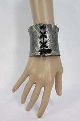 Women Silver Flowers Stamp Metal Corset Bracelet Fashion Jewelry Black Tie - alwaystyle4you - 3