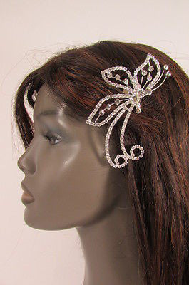 B Women Silver Metal Head Fashion Jewelry Rhinestones Big Butterfly Hair Pin - alwaystyle4you - 1