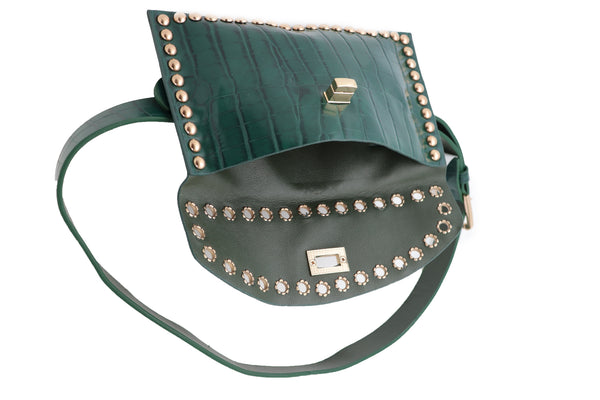 Brand New Women Green Faux Crocodile Leather Fashion Belt + Wallet Gold Metal Stud Fit S M