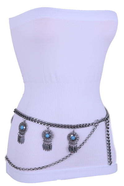 Women Ethnic Belt Vintage Silver Metal Chain Feather Turquoise Blue Charm Fit Sizes M L XL