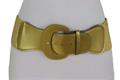 Women High Waist Hip Wide Elastic Gold Color Fashion Belt Big Buckle Adjustable Band Fits Size S M