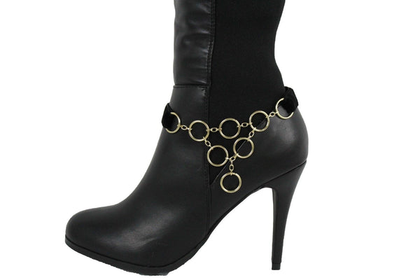 Women Trendy Boot Anklet Gold Metal Chain Shoe Multi Rings Drape Strap