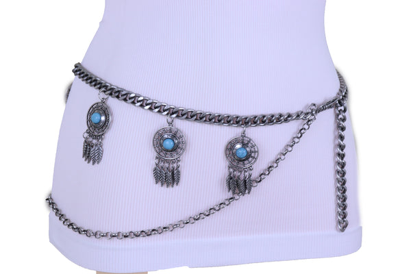 Women Ethnic Belt Vintage Silver Metal Chain Feather Turquoise Blue Charm Fit Sizes M L XL