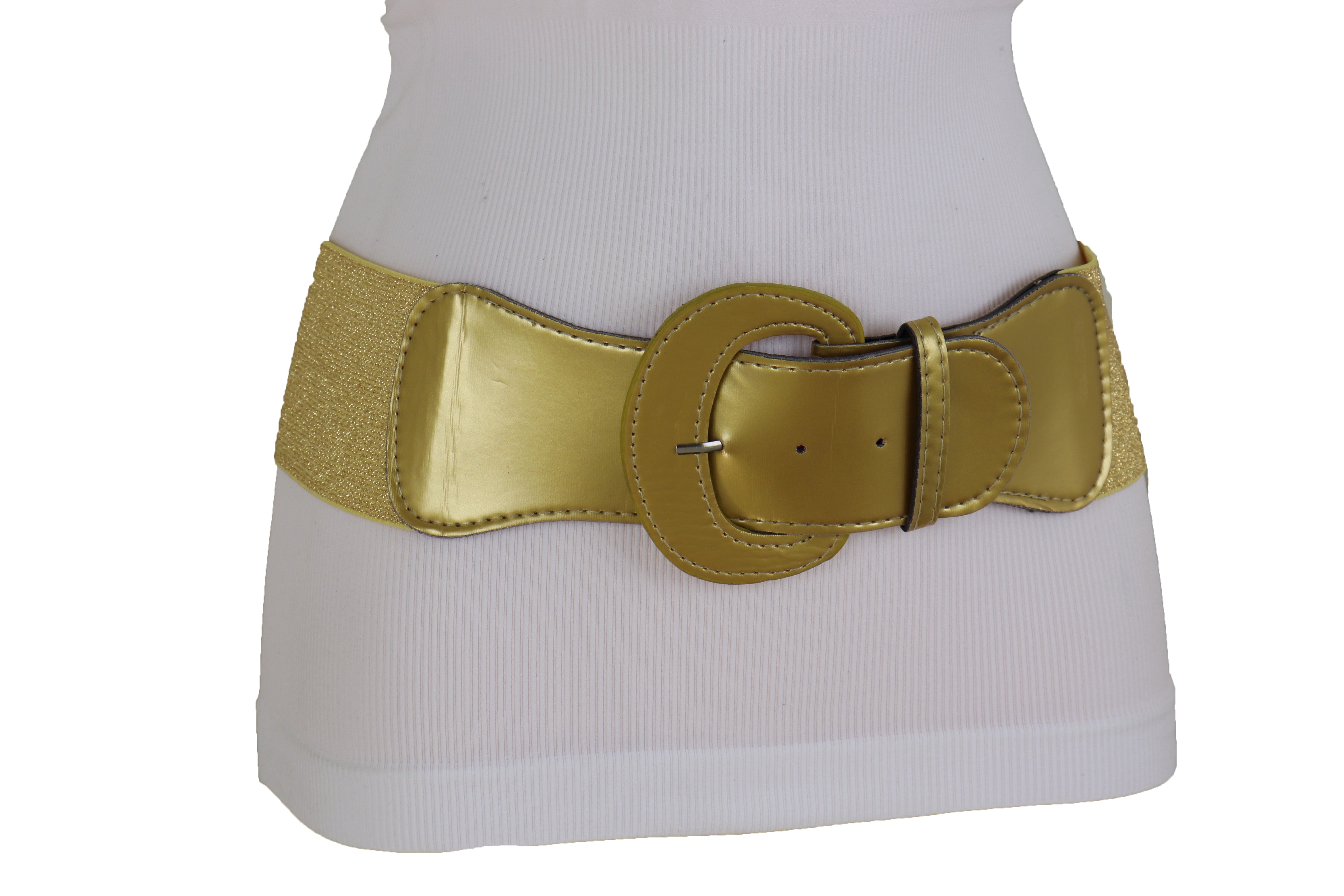 Women High Waist Hip Wide Elastic Gold Color Fashion Belt Big Buckle  Adjustable Band Fits Size S M