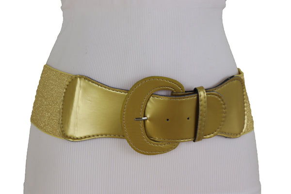Women High Waist Hip Wide Elastic Gold Color Fashion Belt Big Buckle Day Night Easy Wear Size M L